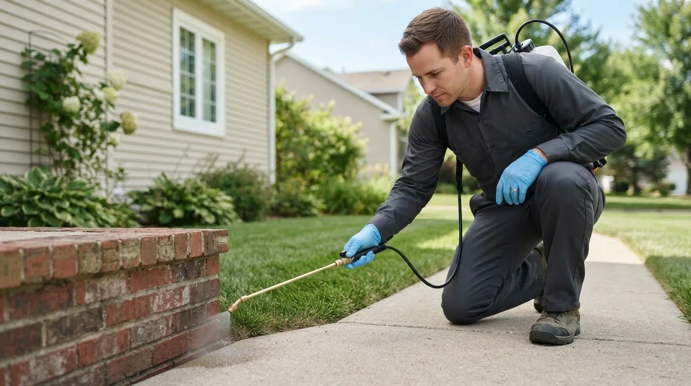 Pest control technician treating a home near South Haven, MN